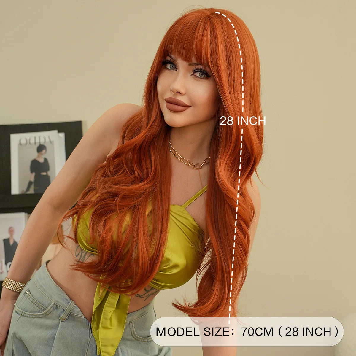 New Orange Wigs Bangs Long curly hair straight bangs Synthetic fiber high-temperature silk mechanism wig Dark Orange Wigs