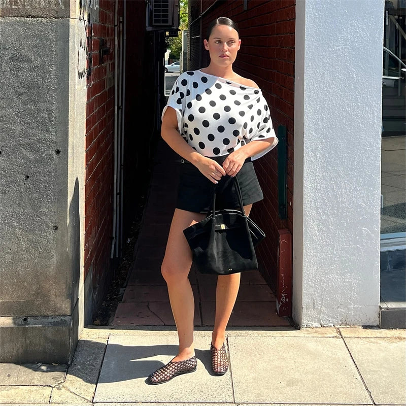 Absobe Polka Dot One-Shoulder Short Sleeve Top For Women Back Lace-up Waist Slim Fit T-Shirt Y2K Hot Girl Casual Tee Streetwear