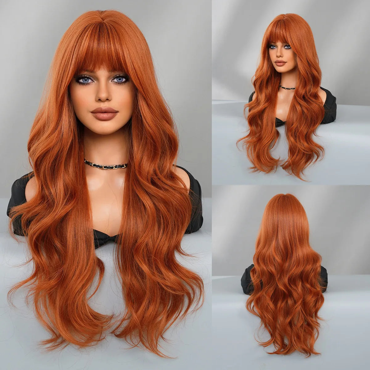 Orange Synthetic Wig Fashion Women Natural Air Bangs Big Waves Long Curly Hair Daily Party Use Full Head Cover