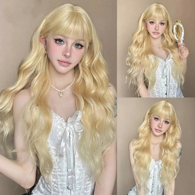 Allbell Magique Blue Hair Wig with Bangs Long Wavy Synthetic Wig Baby Blue Curly Wig for Women Daily Party Use Heat Resistant