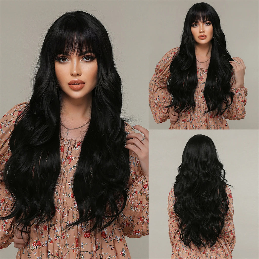Allbell Magique Blue Hair Wig with Bangs Long Wavy Synthetic Wig Baby Blue Curly Wig for Women Daily Party Use Heat Resistant