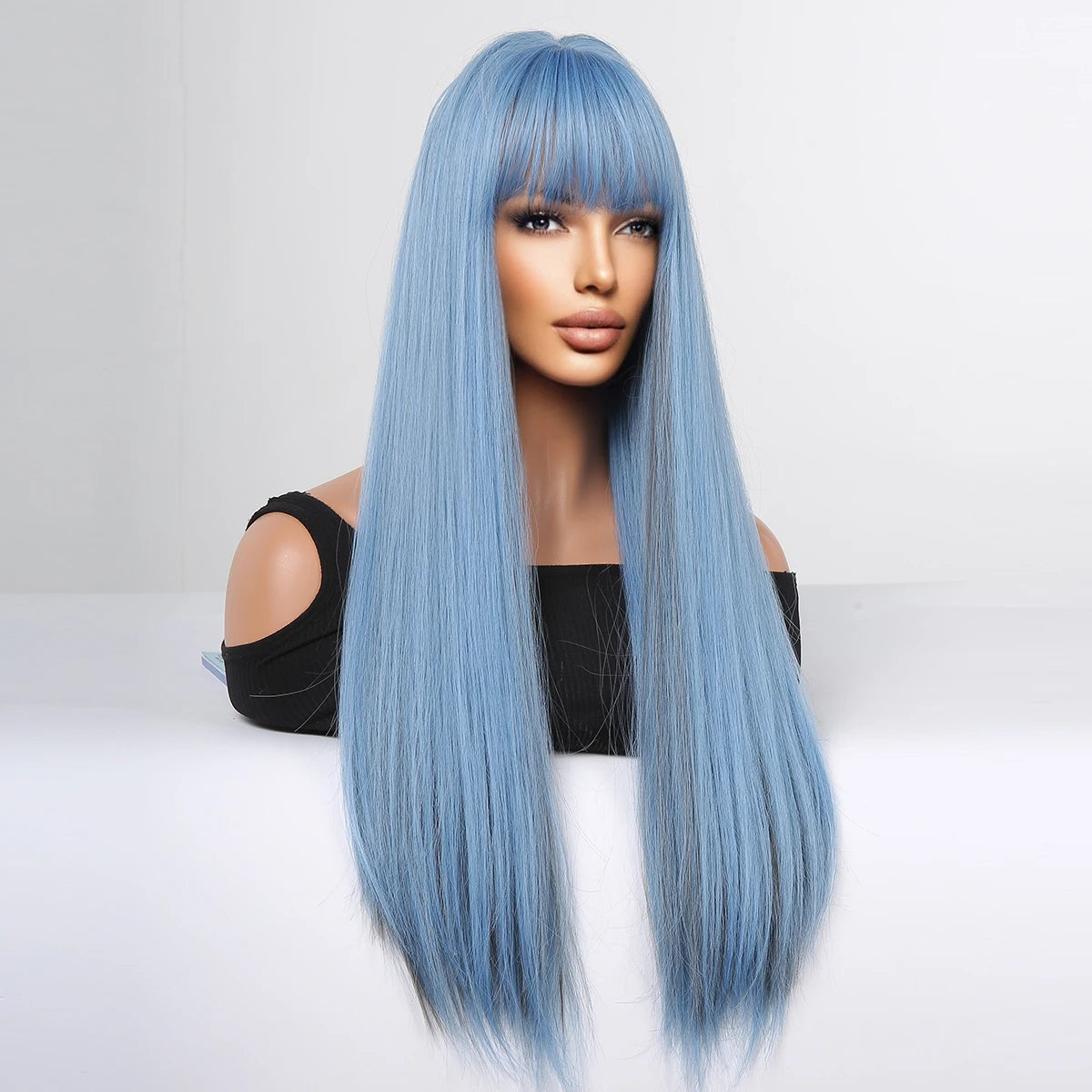 Blue with Grey Highlight Long Straight Synthetic Wigs with Bangs Cosplay Hairs Wig for Women Daily Natural Heat Resistant