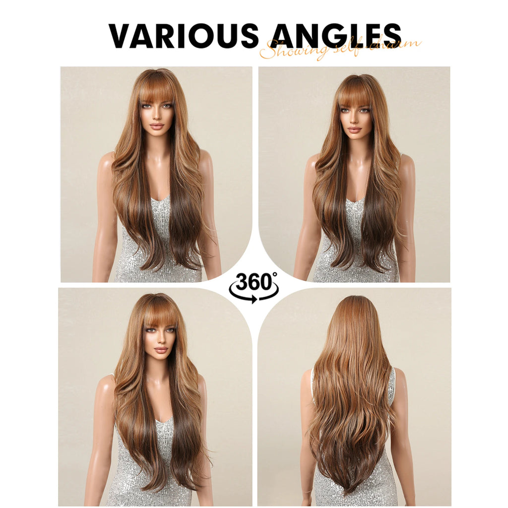 Honey Brown Highlight Layered Synthetic Wigs With Bangs Super Long Straight  Wig For Women Cosplay Natural Daily  Heat Resistant
