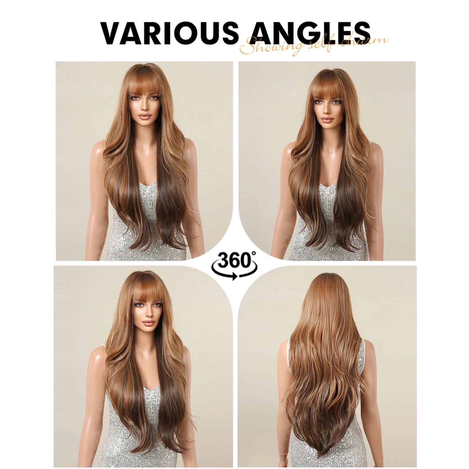 Honey Brown Highlight Layered Synthetic Wigs With Bangs Super Long Straight  Wig For Women Cosplay Natural Daily  Heat Resistant