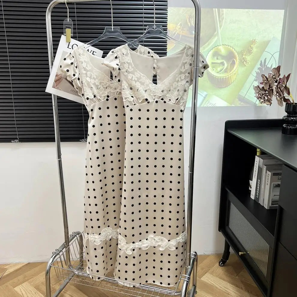 Absobe French Lace Patchwork Satin Polka Dot A-Line Maxi Dress For Women Elegant Backless Long Gown Chic Birthday Party Outfit