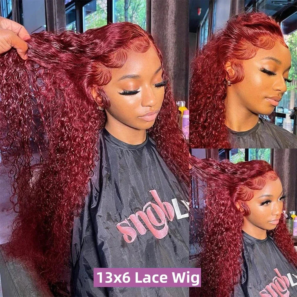 99J Burgundy 13x6 Hd Lace Frontal Human Hair Wig 30inch Red Colored Curly Wigs 13x4 Transparent Lace Water Deep Wave Frontal Wig