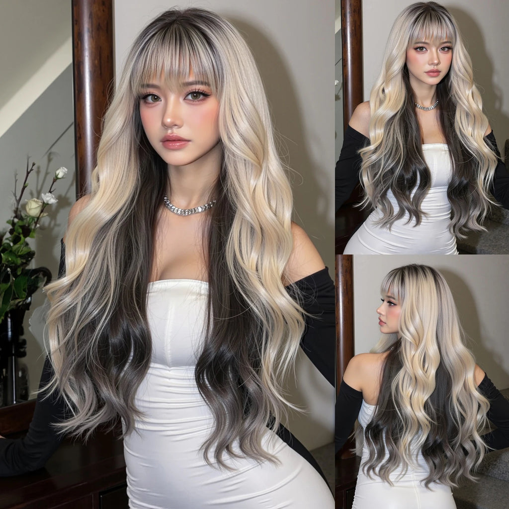 Honey Brown Highlight Layered Synthetic Wigs With Bangs Super Long Straight  Wig For Women Cosplay Natural Daily  Heat Resistant