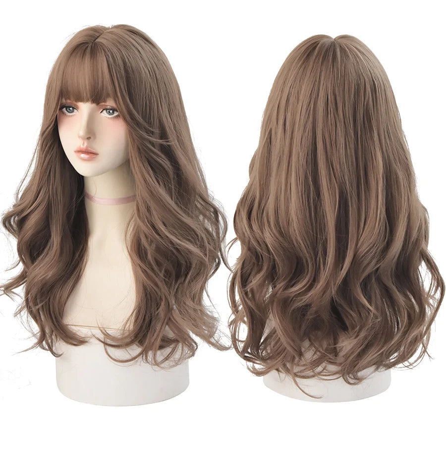7JHH WIGS Popular Brown Ash Long Deep Wave Hair Lolita Wigs With Bangs Synthetic Wig For Women Fashion Thick Curls Wigs Girl