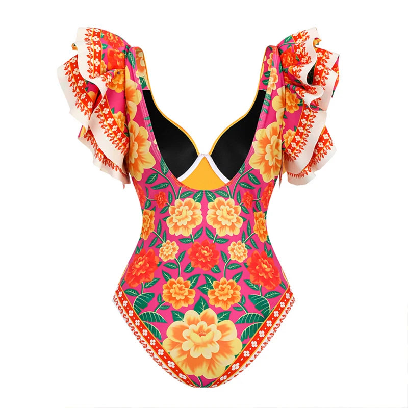 Women Print Ruffle One Piece Swimsuit Off The Shoulder Swimwear Women Sexy Swimsuit Deep-V Bathing Suits Beach Wear Swim Suit