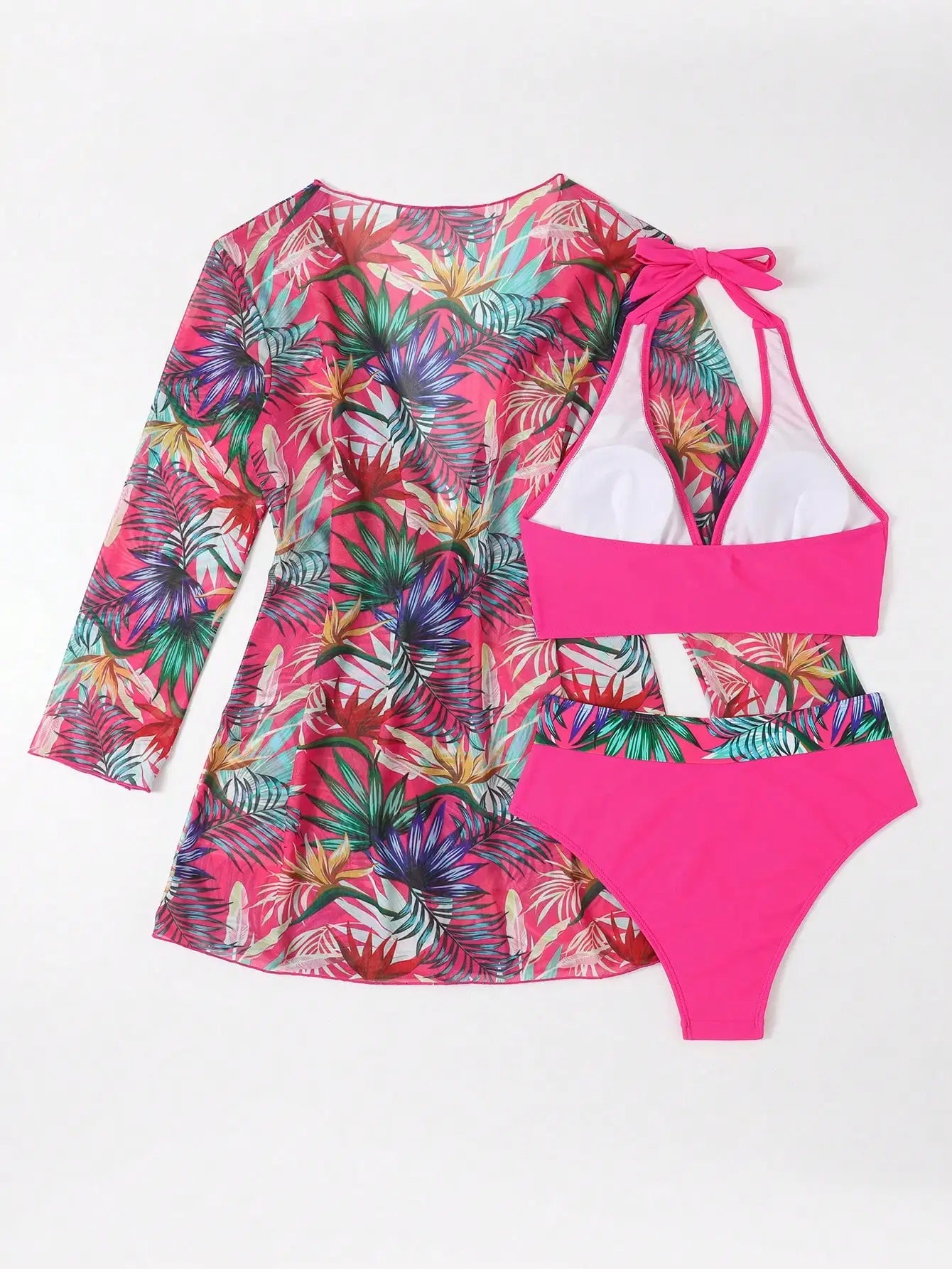 Halter Print Bikini Sets 3PCS Women Swimsuit With Kimono High Waist Swimwear Female Bathers Bathing Swimming Swim Suit Beachwear