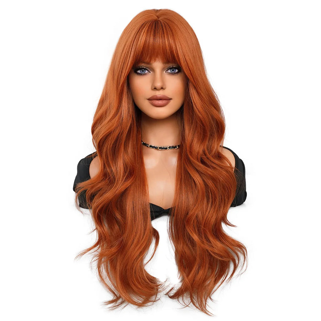 New Orange Wigs Bangs Long curly hair straight bangs Synthetic fiber high-temperature silk mechanism wig Dark Orange Wigs
