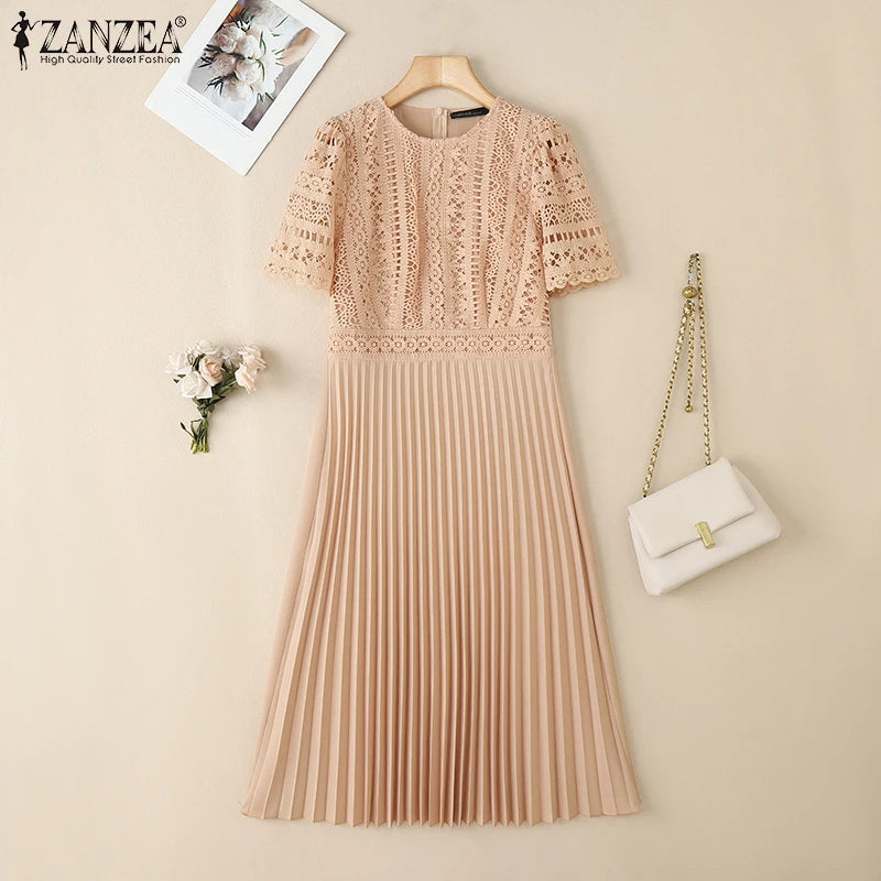 ZANZEA Elegant Summer Short Sleeve Pleated Party Sundress Fashion Women Lace Patchwork Dresses 2025 Stylish Work OL Vestidos