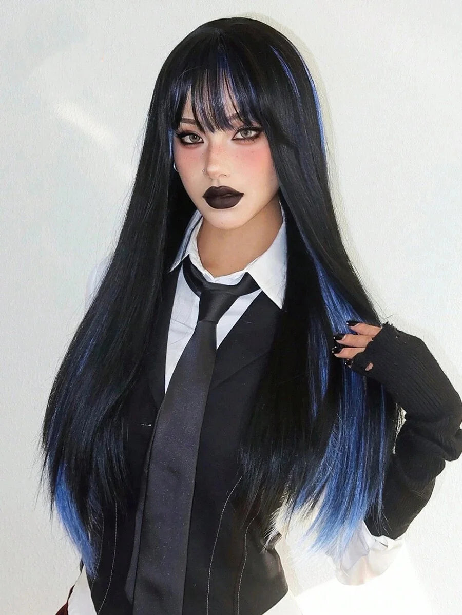 Allbell Magique Black Highlight Blue Synthetic Wig Long Straight Wig with Bangs Black And Blue Wig For Women Cosplay Party Use